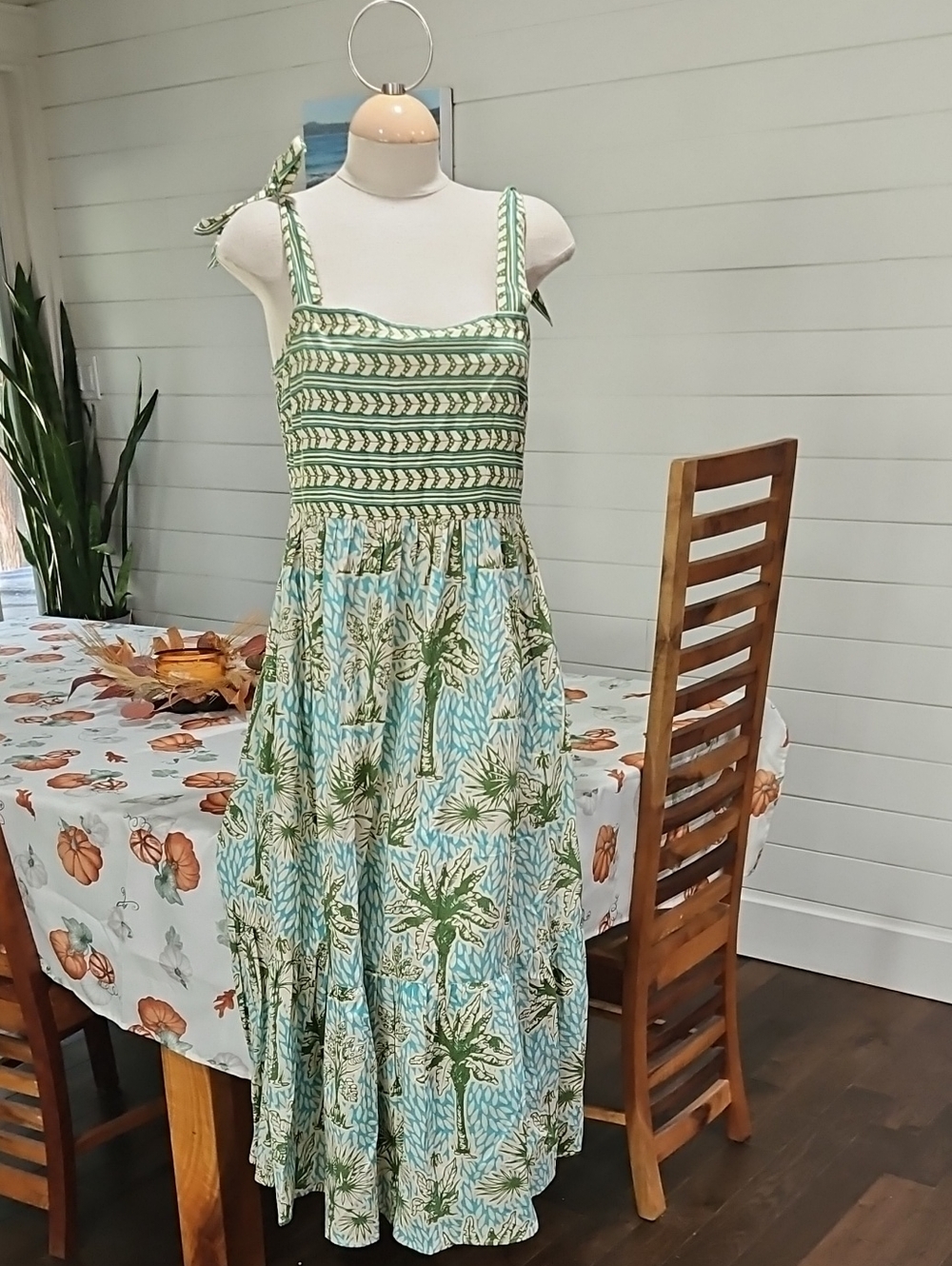 Olivia James Green & Blue Palm-Print Smocked Maxi Dress with Tie Straps Nwt Sz S